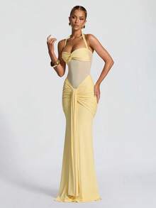 性感细肩带露背收腰高开衩连衣裙，网眼拼布度假派对连衣裙