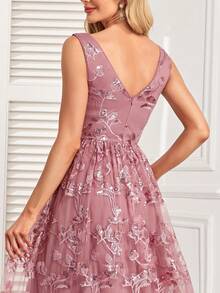 V领无袖亮片花卉刺绣网纱晚礼服 - 藕粉色 - 查看 8