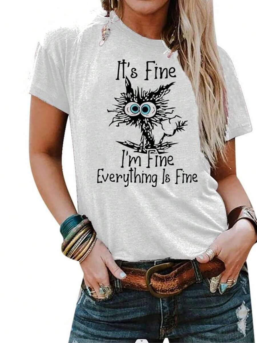 Women's I'm Fine Everything Is Fine White T-Shirts Short Sleeve Sayings Loose Fit Casual Cute Cat Graphic Tee Blouse Tops - 白色 - 查看 1