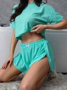 Set de 2 piezas de Conjunto de ropa de estar en casa de top de manga corta de unicolor y shorts anchos de pierna ancha de verano para mujer, conjunto de 2 piezas - Verde - Ver 3