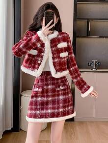 RUIWY 2 件套节日派对女士服装：格子图案夹克和修身迷你裙，温暖时尚，适合春季和冬季 - 紅色 - 查看 3