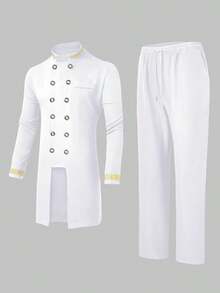 男士白色达希基套装（两件套）：双排扣长袖西装外套，松紧腰长裤，金色刺绣，非洲时尚休闲衬衫裤套装，适合派对、婚礼、文化活动、传统仪式等场合。 - 白色 - 查看 3