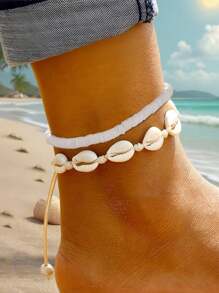 1 件波西米亞風格貝殼腳鍊/手鍊,手工編織,可調節設計,適合海灘度假