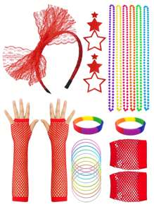 D EXCEED 4/5 pièces Ensemble d'accessoires rétro néon des années 80 pour femmes, collier de perles à tenue rétro, serre-tête à nœud en dentelle, gants résille, lunettes de soleil à stores vénitiens, boucles d'oreilles éclair, essentiels pour fête rétro Halloween