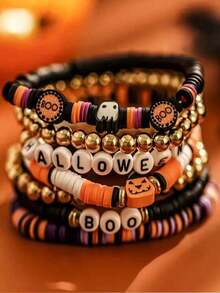 6pcs/Set New Halloween Themed Party Retro Ghost Pumpkin Polymer Clay Beaded Bracelet Set