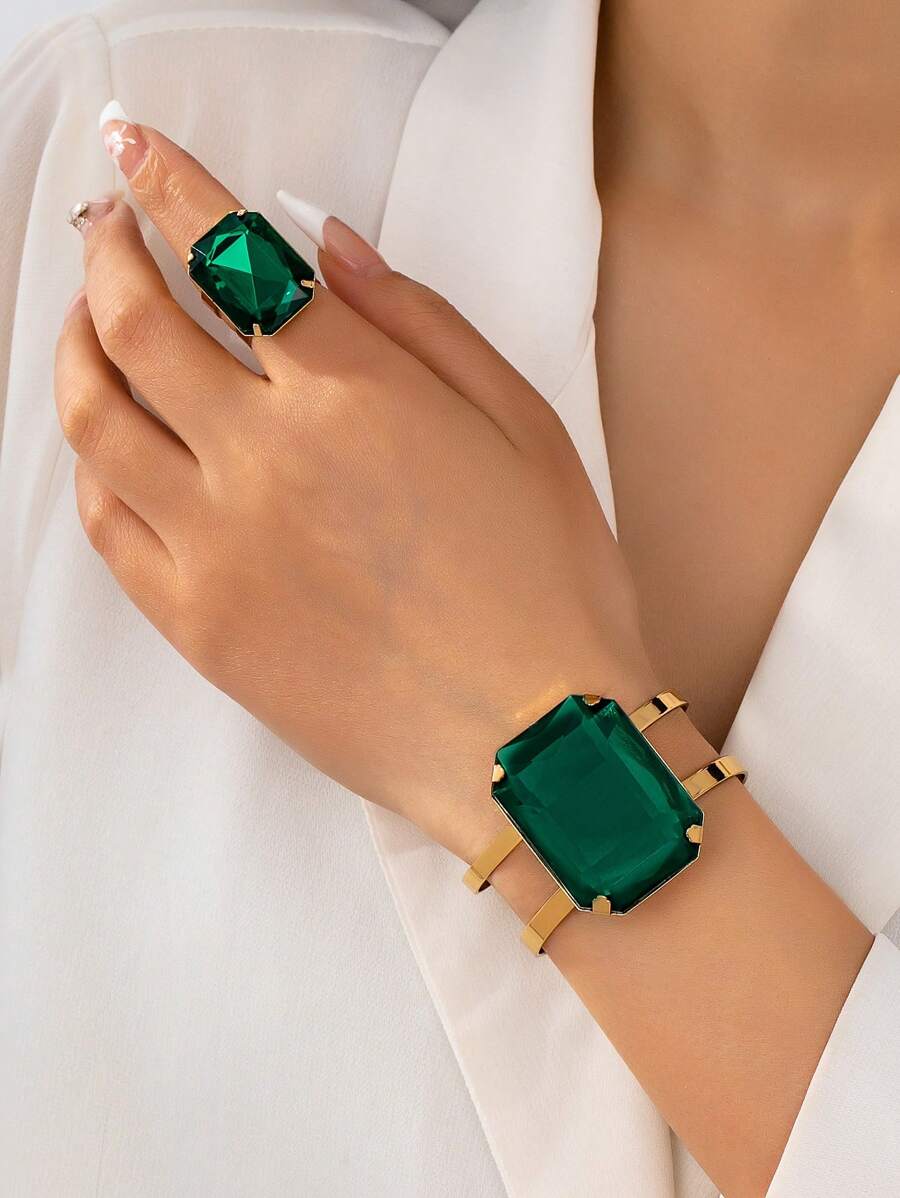 2pcs/Set Luxury Elegant Green Faux Gem Inlaid Adjustable Bracelet & Ring Set, Suitable For Gifting, Women's Party And Daily Wear