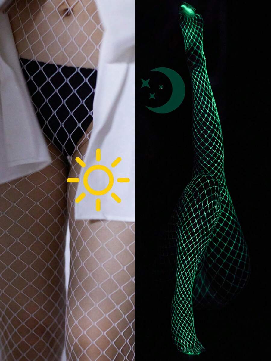 1 件夜光渔网袜，镂空诱人夜光白色透明丝袜，适合万圣节、夜总会、派对 - 白色 - 查看 1