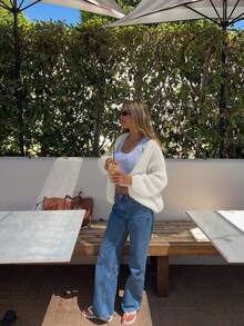 Cardigan de malha casual solto, cor lisa, decote em V, abotoamento simples - Branco - Ver 4