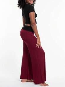 Women Fold Over Waist Flared Pants Yoga Leggings Workout Sweatpants Y2k Loose Wide Leg Trousers Sportswear - 紅色 - 查看 3