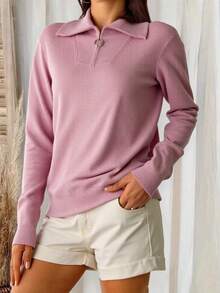 Sueter Liso Puntos Jersey Cuello Cremallera Ajustable Manga Larga Otoño/invierno/Primavera - Rosa - Ver 2