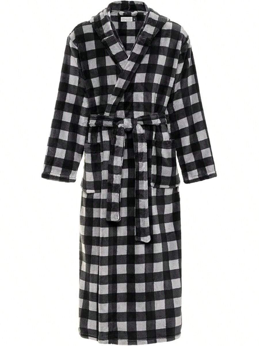 Mens Robe With Hood, Plush Fleece Hooded Mens Bathrobe, Big And Tall Bath Robe For Menhalloween - Gray Buffalo Check - View 1