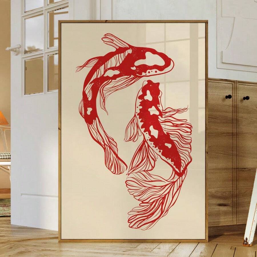 1PC Unframed Red Koi Fish Japanese Art Retro Poster Aesthetic Vintage Minimalist Painting Canvas Print Wall Picture For Dorm,Apartment,Living Room,Bedroom,Home Decoration