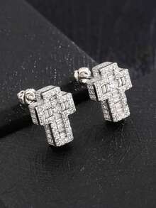 1 paire de boucles d'oreilles à clous argentés de style mode punk avec croix, bijoux avec strass blancs pour hommes et couples, accessoires d'oreilles Hip Hop - boucle d'oreille - Voir 11
