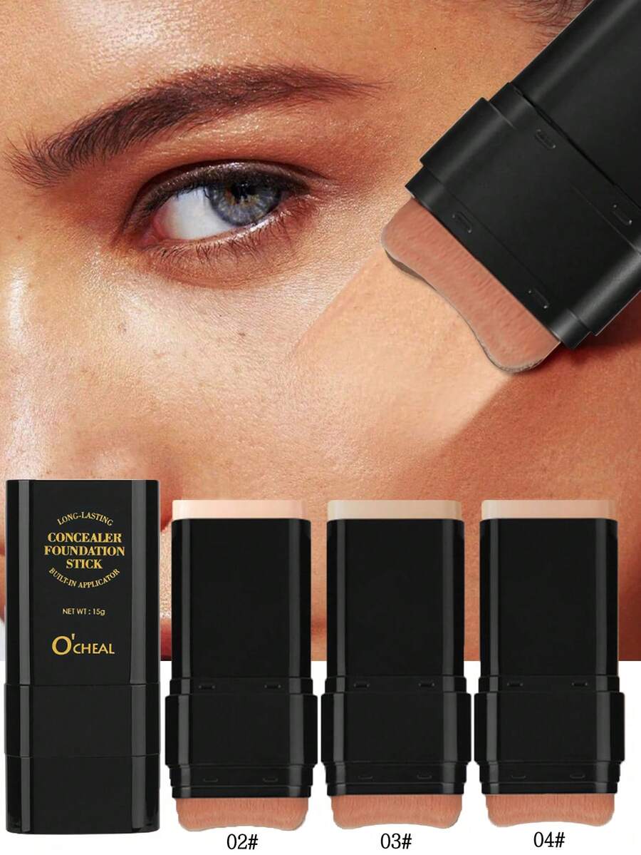 1Pc OCHEAL Dual-Ended Foundation Concealer Stick | Sponge Brush + Solid Foundation Cream 2-In-1 | Long-Lasting, Non-Transfer | Creamy Texture | Moisturizing & Lightweight | Conceals Blemishes, Brightens Skin, Contours | Creates Flawless Skin | Must-Have Makeup - 彩色 - 查看 1