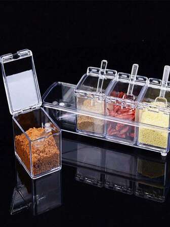 Caja de condimentos transparente de 4 en 1 para la cocina, caja de condimentos de 4 en 1 con cuchara, juego de frascos de condimentos, equipado con cucharas y bandejas, contenedores de alimentos sellados de PS para sal, azúcar, pimienta y cajas de almacenamiento de cocina