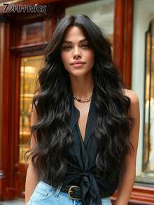 24 Inch Long Wavy Black Wig With Curtain Bangs For Women Heat Resistant Fiber Hairpiece,Natural Synthetic Full Machine Hair Wigs For Daily Music Festival Party Wear, Cosplay Halloween & Street Photography Use - 自然黑 - 查看 1