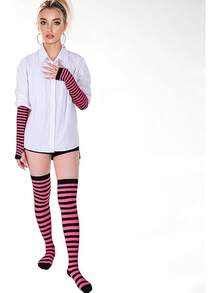 Tongcloud Women's Striped Knee High Socks, Over Knee Thigh High Socks, Arm Warmer And Fingerless Gloves SetHalloween Christmas New Year - 黑色和玫紅色 - 查看 6
