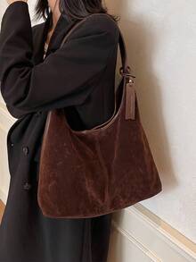 时尚纯色休闲女士单肩包，简约经典百搭单肩包，轻便休闲校园风学生手提包，大学生休闲旅行轻便收纳手提包 - 棕色 - 查看 4