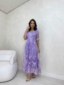 Midi Dress Tulle Fabric Embroidered With Lining Princess Sleeve Christmas Floral Flowers Lace Ruffle Lace Dress Wedding Evening Birthday Party Daily Spring/Summer - 紫丁香 - 查看 3