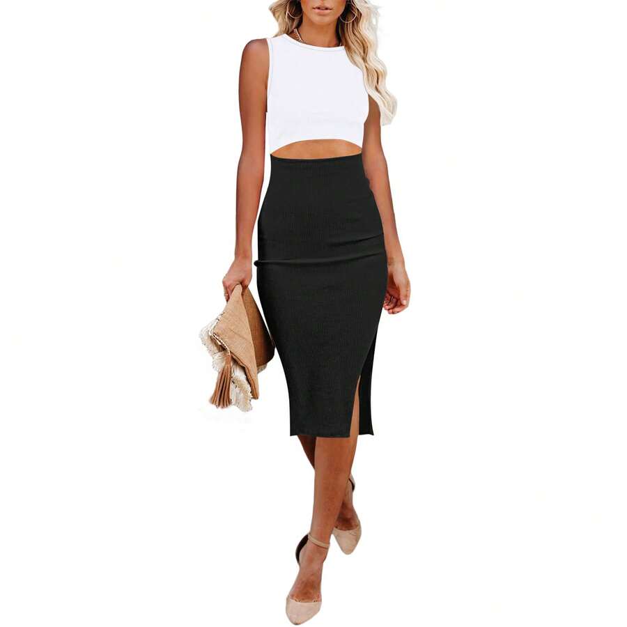 Elegante vestido midi ajustado blanco con recortes - Blanco y negro - Ver 1