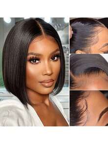 6-16 Inch Bob Wig 13x4 Lace Front Wigs Human Blended Hair Pre Plucked Short Bob Wig Lace Frontal Wigs For Women Human Blended Hair Bob Wig 180% Density Straight Wigs Natural Color(Blended Wigs-A Mix Of Human Blended Hair And Synthetic) - SNatural - View 6