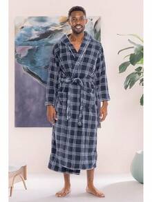 Mens Robe With Hood, Plush Fleece Hooded Mens Bathrobe, Big And Tall Bath Robe For Menhalloween - Blue Gray Plaid - View 8