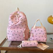 3pcs Backpack Fashion Cute Women's Backpack Bow Print Design School Bag Solid Color Book Bag Lightweight Student Backpack Adjustable Shoulder Strap Large Capacity With Smooth Zipper Reinforced Stitching Versatile For Campus/Weekend/Trips/Commuting - Black - View 2