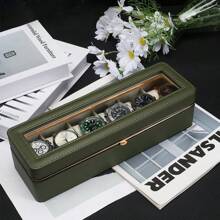 6-Slot Green Leather Watch Box, Unisex Jewelry Storage Case With Glass Cover And Security Lock, Premium Watch Display Box, Travel Watch Organizer