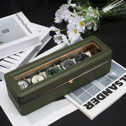 6-Slot Green Leather Watch Box, Unisex Jewelry Storage Case With Glass Cover And Security Lock, Premium Watch Display Box, Travel Watch Organizer