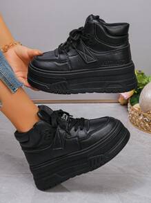 Fall/Winter Women's High-Top Casual Shoes, Solid Color, Sports Lace-Up, Fashion Versatile, Women's Platform Thick Bottom Sneakers