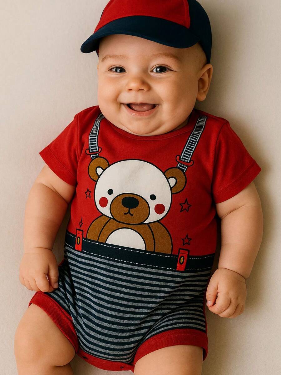 Romper + Short Teddy Bear Cap Set For Baby Boy RN Newborn Gender Reveal Baby Shower - 紅色 - 查看 1