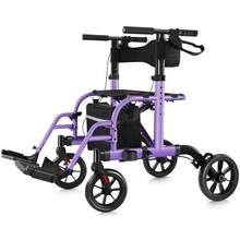 WALK MATE 2 In 1 Rollator Walker Transport Chair For Seniors, 10" Wheels Medical Rollator For Seniors With Widen Seat Backrest, Detachable & Adjustable Footrests Folding Walker Wheelchair Combo - Purple - View 3