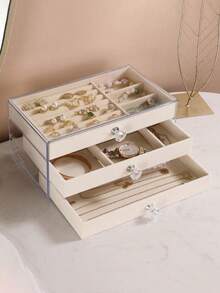1pc Exquisite Jewelry Storage Box, Anti-Oxidation With Display Stand For Earrings, Necklace, Rings, Made Of Velvet, Acrylic, Gift For Valentine's Day Back To School,Room Decor - Beige - View 15