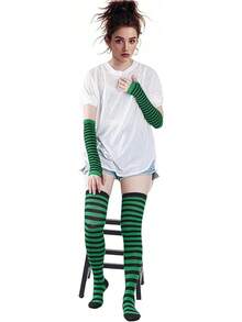 Tongcloud Women's Striped Knee High Socks, Over Knee Thigh High Socks, Arm Warmer And Fingerless Gloves SetHalloween Christmas New Year - 黑色和綠色 - 查看 4