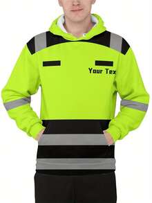 定制个性化姓名文字加大码男士连帽衫，荧光黑撞色设计，耐穿透气面料，适合建筑工地、仓库、休闲穿着，支持图案印花，适合员工穿着，秋季款，长袖上衣
