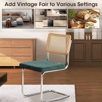 SUN YEE Dining Chair Set Of 2, Rattan Back Dining Chairs With Velvet Padded Seat, Modern Cesca Replica Design Chairs For Dining Room, Living Room, Kitchen, Green