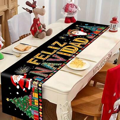 1 Spanish Christmas Table Runner - Colorful Striped Holiday Decoration With Santa Claus, Christmas Tree And Gift Motifs - Washable Polyester Rectangular Table Runner For Kitchen, D