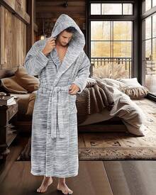 Mens Robe With Hood, Plush Fleece Hooded Mens Bathrobe, Big And Tall Bath Robe For Menhalloween - Light Heathered Gray - View 4
