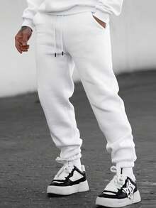 Pantalones casuales de ajuste holgado para hombres, con cordón, hasta el tobillo, de felpa delgada, para primavera/otoño - Blanco - Ver 3