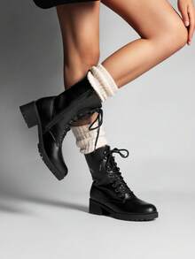 Women's Lace-Up Combat Boots Mid-Calf Militarys Classic And Stylish Winter Festival Christmas Black Boots - 黑色 - 查看 3