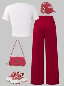 Set 2pcs/Set Kaos Lengan Pendek Leher Bulat Kasual dengan Cetakan Huruf & Celana untuk Remaja Putri, Musim Semi/Panas - Merah - View 2