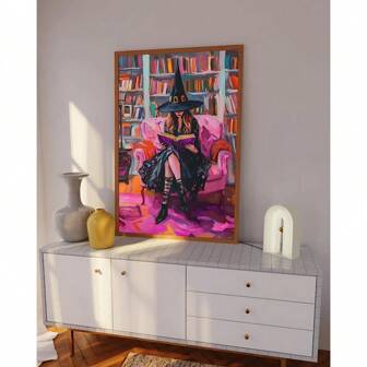 1 Stück moderne schöne Hexe, wunderschöne gotische Lese-Leinwand, Halloween Wandkunst Poster Leinwandmalerei Heimdekoration ohne Rahmen, Wandaufkleber, Wandaufkleber, Raumdekoration