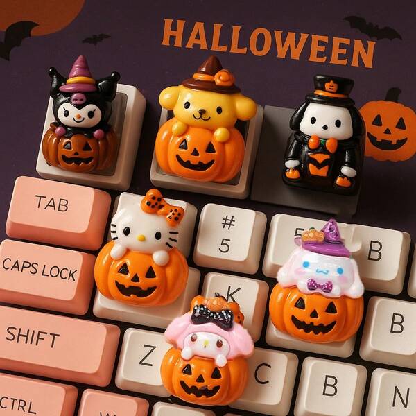 Sanrio Anime Halloween Handmade Keycap Cute Pumpkin Caps Keycaps Sanrio Kuromi Kitty Theme Transparent Stereoscopic DIY Cinnamoroll Melody Cartoon Translucent Abs Material Mechanical Keyboard Cap For Gifts