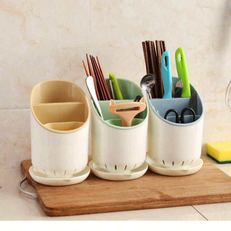 Household Kitchen Utensil Storage Bin, Double-Layer Chopstick And Spoon Storage Bin, Household Knife And Fork Storage Rack, Countertop, Plastic Drain Chopstick Holder, Home Decor, Party & Christmas Storage - Random - View 1
