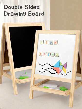 Double-Sided Chalkboard & Whiteboard, Wooden Base With Magnetic Letters & Numbers - Educational Drawing & Learning Board For Toddlers & Kids