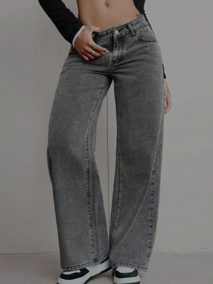 Women's Wide Leg Jeans, Graphite Lead Marbled, High Waist, Bumbum - Gris Oscuro - Añade 4