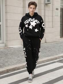 Gender - Neutral Fashion Hooded Set - Creative Star Pattern With Letter Decoration, Comfortable Casual Sports Style, Versatile For Daily Outings - Bộ đen trắng - Xem 2