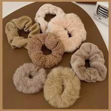 7pcs/Set Autumn/Winter Fluffy Beige & Pink Plush Hair Scrunchies, Hair Ties, Girl Hair Accessories, Winter Fall Autumn Accessories, Scrunchy Hair Ties, Sport