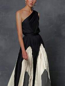 Women Fashion Printed Elegant Evening Maxi Dresses 2025 New Summer Asymmetric Sleeveless One-Shoulder Pleated A-Line Vacation Long Dress - màu đen - Xem 2