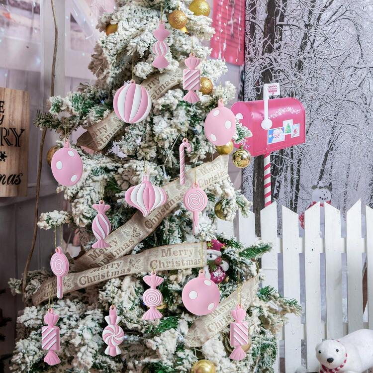 10/20 件圣诞树挂饰 PVC 圣诞粉色拐杖糖棒棒糖装饰圣诞挂饰生日派对装饰工艺品节日圣诞树派对、圣诞树、圣诞老人、圣诞装饰、姜饼屋、圣诞礼物圣诞树挂饰、圣诞礼物 - 粉色 - 查看 3